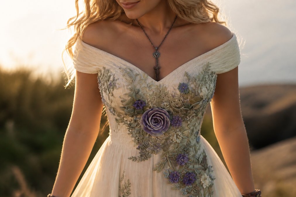 Close-up of a woman wearing an elegant off-shoulder formal gown, showing how the neckline frames her shoulders and creates visual balance across the collarbone and upper chest area, photographed in soft evening lighting