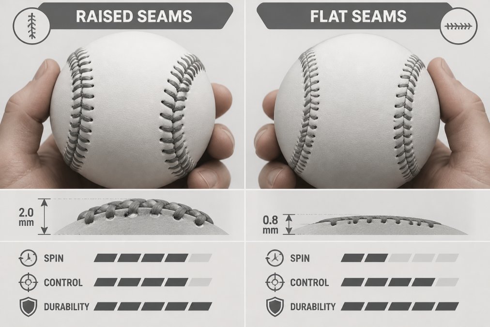 Comparison diagram highlighting the stitch height difference between raised and flat seam baseballs
