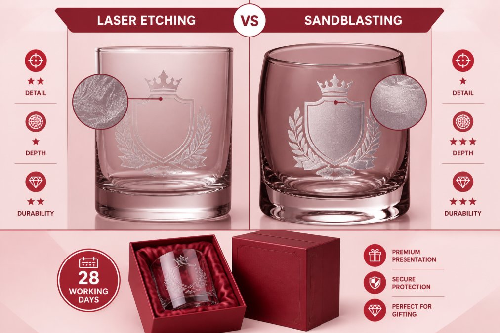 Close-up of two engraved glassware samples side by side showing fine laser-etched detail on one glass and deeper sandblasted contrast on another surface