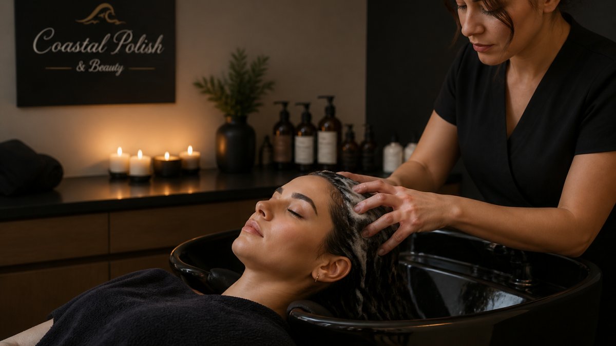 Technician performing a relaxing head spa treatment on various hair types in a calm, professional studio setting.