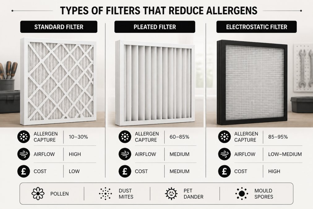 Close-up of various HVAC filter types lined up side by side, showing pleated, electrostatic, and standard filters in natural daylight on a workbench
