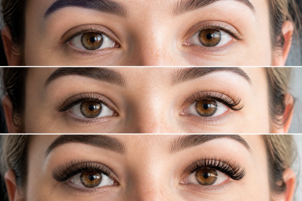 Close-up of woman's eyes displaying different lash curl patterns and lengths showing how natural lashes appear with classic, hybrid, and volume lash styles applied