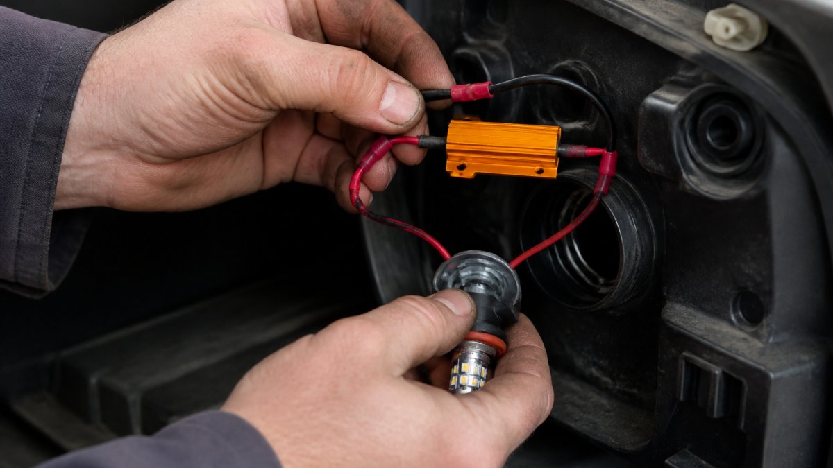 Diagram showing the parallel wiring connection of a load resistor to vehicle turn signal bulb wires
