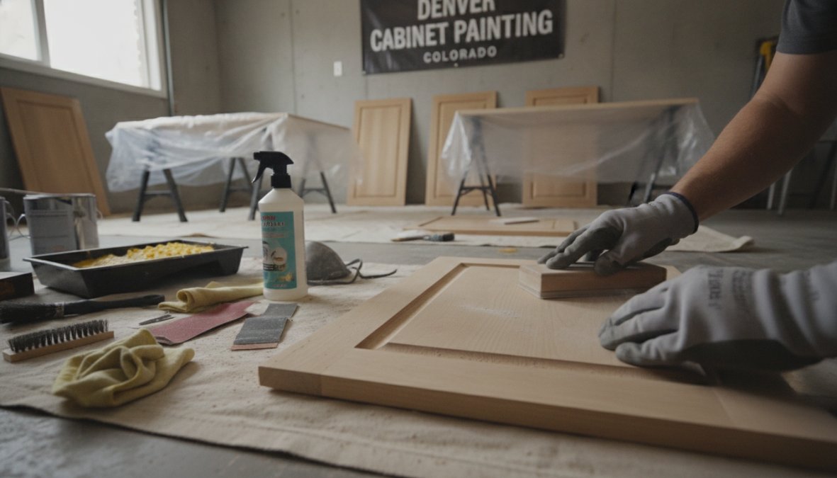 Close-up of hands using a sanding block on cabinet door surface with visible dust, degreaser spray bottle nearby on wooden work surface