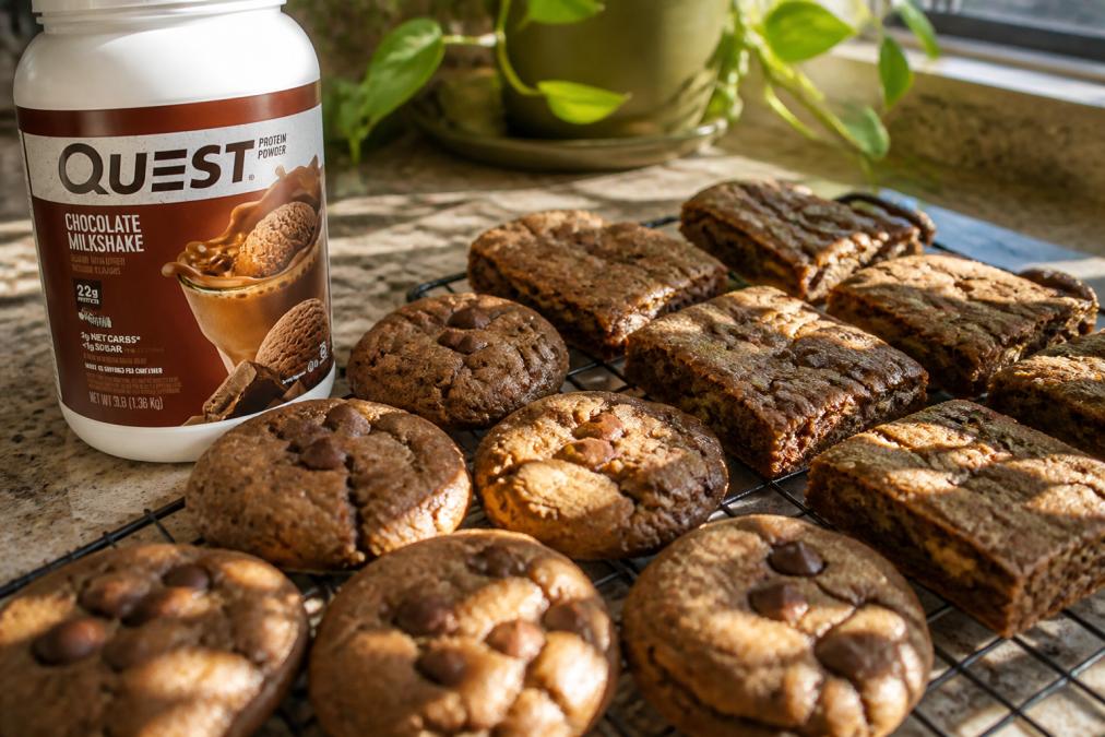 Close-up of freshly baked protein cookies and bars cooling on a wire rack, showing golden-brown finish and varied texture from light and dense sections, with afternoon sunlight casting shadows across the baked goods