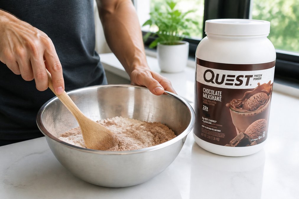 Hands mixing dry ingredients in a stainless steel bowl with protein powder, showing proper blending technique with a wooden spoon, white countertop with natural window lighting