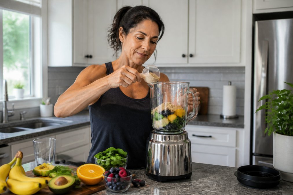 Woman in her 40s preparing a protein shake in a bright kitchen, measuring powder into a blender with fresh fruit nearby