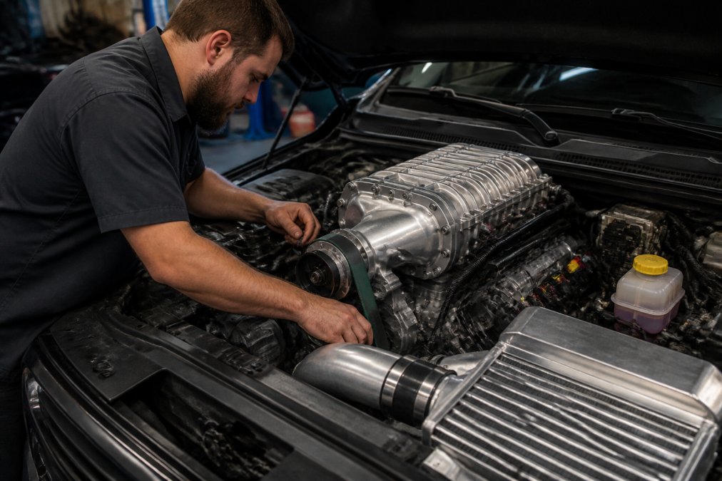 Professional mechanic installing a supercharger kit on a Ram 1500 HEMI engine in a well-equipped garage, with intercooler and intake manifold components visible under bright work lights