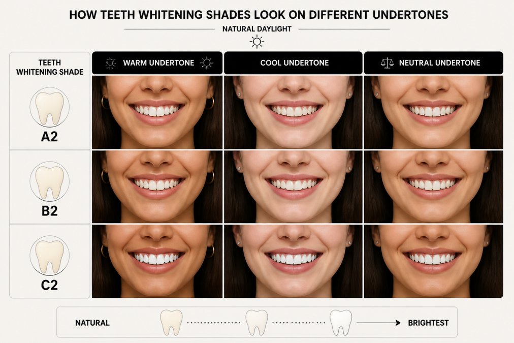 Side-by-side comparison of diverse faces (warm undertone, cool undertone, and neutral undertone skin) showing how the same three teeth whitening shades (A2, B2, C2) appear on each complexion under natural daylight