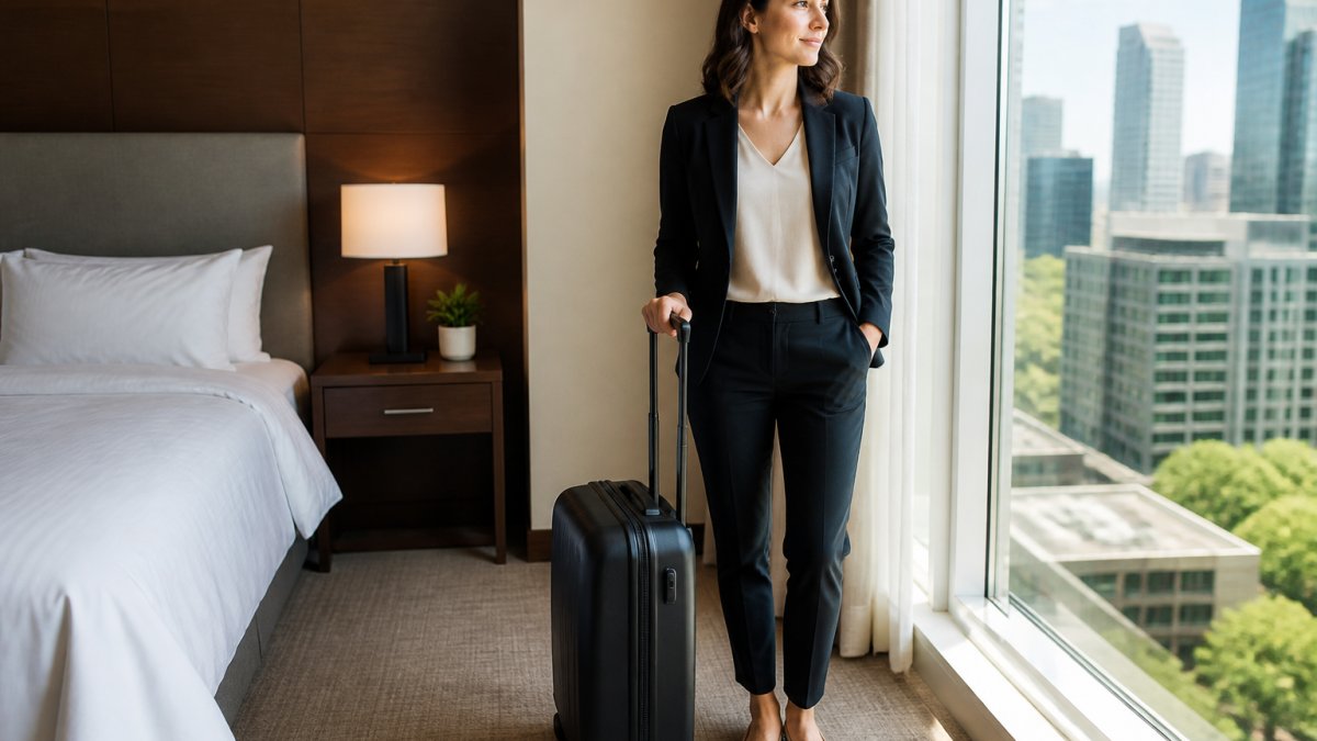 Professional woman in wrinkle-resistant blazer and ponte slacks standing with carry-on luggage near a hotel window, natural morning light