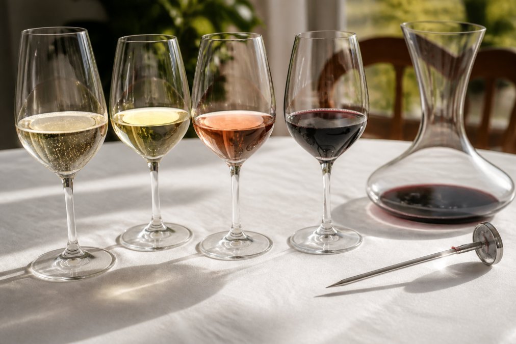 Infographic visualizing the temperature and glassware to choose wine dinner party pairings with decanting steps.