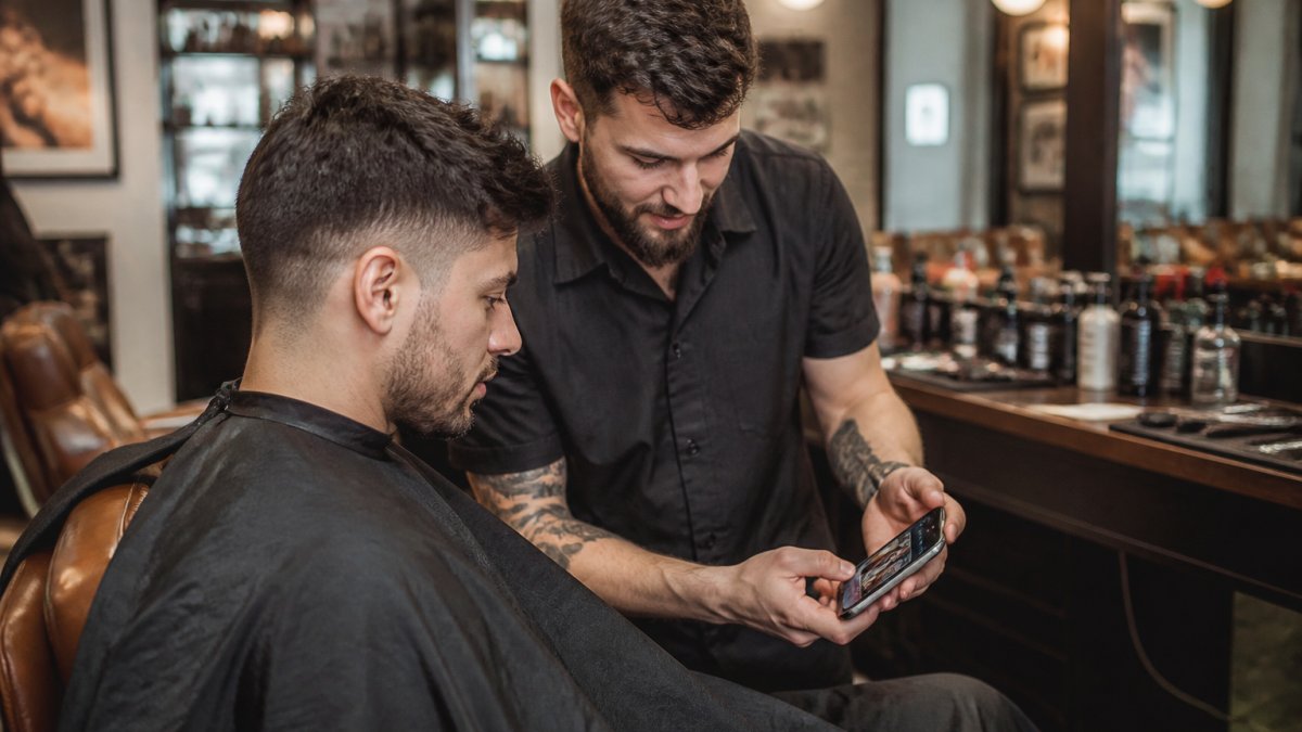 A barber and client reviewing a phone screen together during a consultation in a relaxed barbershop with warm lighting and leather chairs