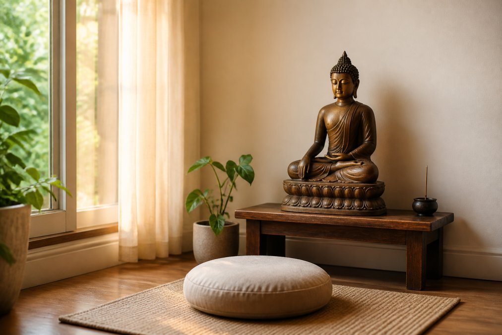 Eine ruhige Meditationsecke zu Hause mit einer sitzenden bronzenen Buddha-Statue auf einem niedrigen Holzständer, einem Meditationskissen davor, sanftem natürlichem Licht aus einem nahegelegenen Fenster und einer kleinen Pflanze oder einem Räucherstäbchenhalter in der Nähe