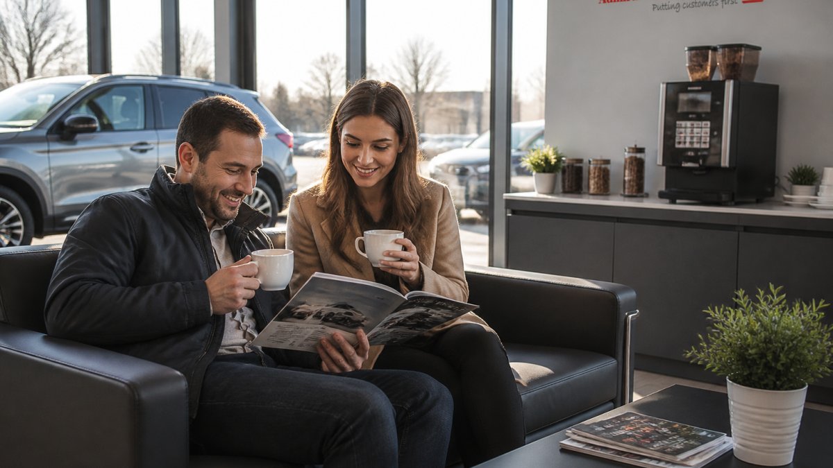 Clients relaxing in a modern car showroom waiting area with comfortable seating, holding fresh coffee cups while reviewing vehicle brochures, natural daylight streaming through large windows