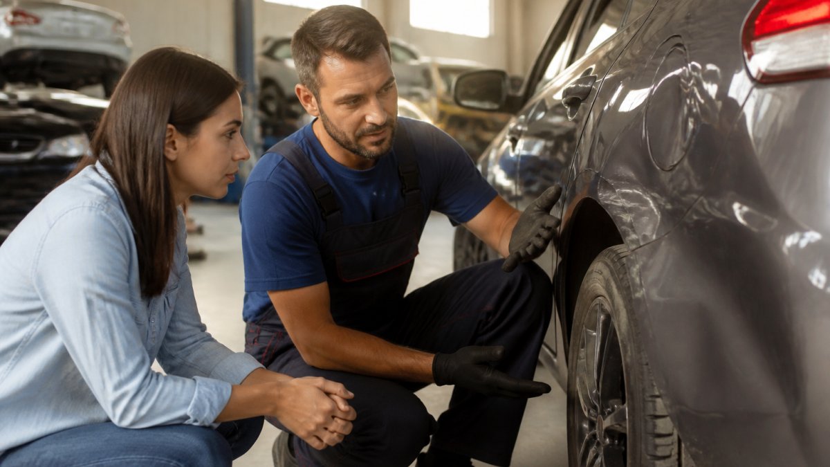 Vehicle owner speaking with collision repair technician in modern body shop, reviewing vehicle damage and repair options with natural workshop lighting