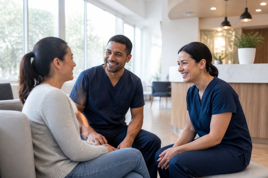 A warm, welcoming dental team smiling with a patient in a bright, modern clinic waiting room, natural daylight streaming through large windows