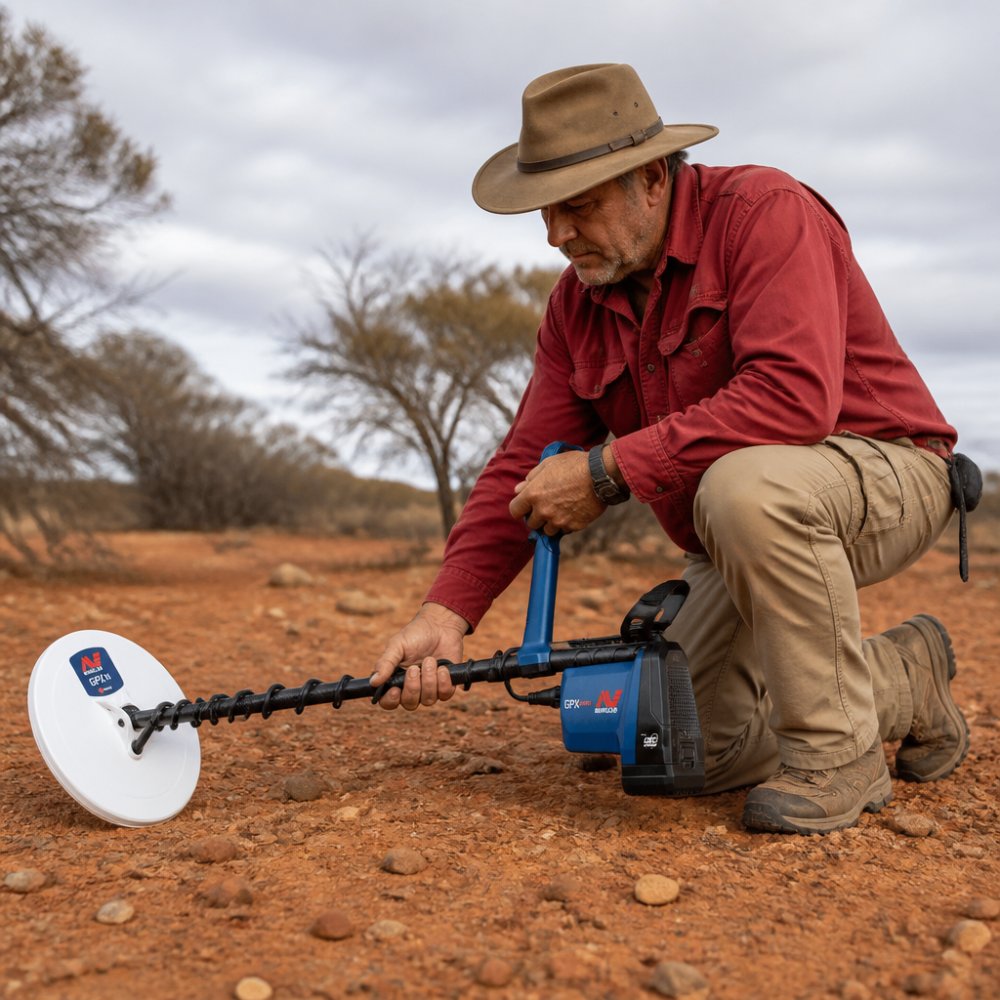 A prospector kneeling in red, iron-rich desert soil, holding a metal detector coil close to the ground, scanning carefully with focused expression
