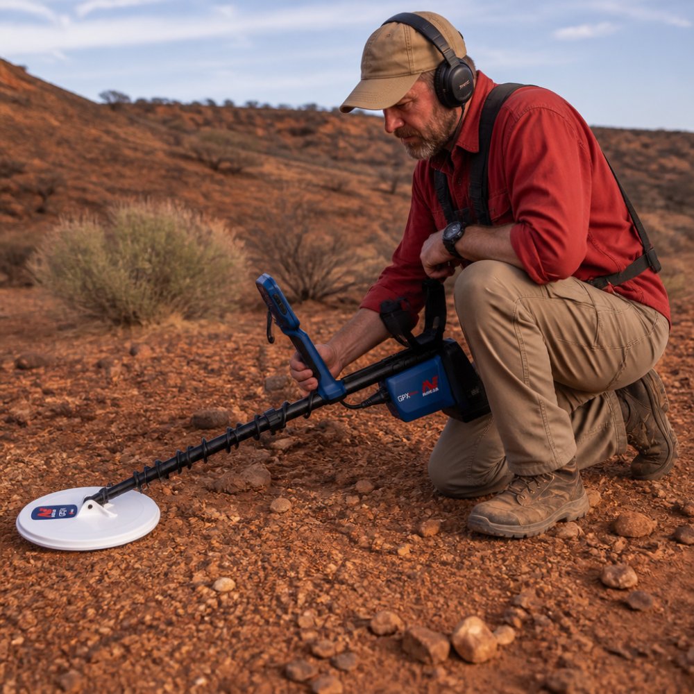 Side-by-side comparison of prospector and kneeling and red concepts for mineralized soil detector