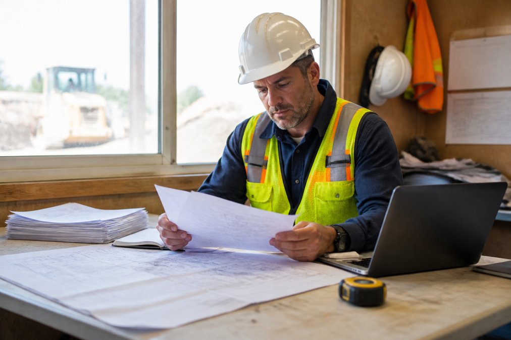 A construction project manager in a hard hat reviewing insurance and bonding documents at a job site trailer desk, with blueprints and a laptop nearby