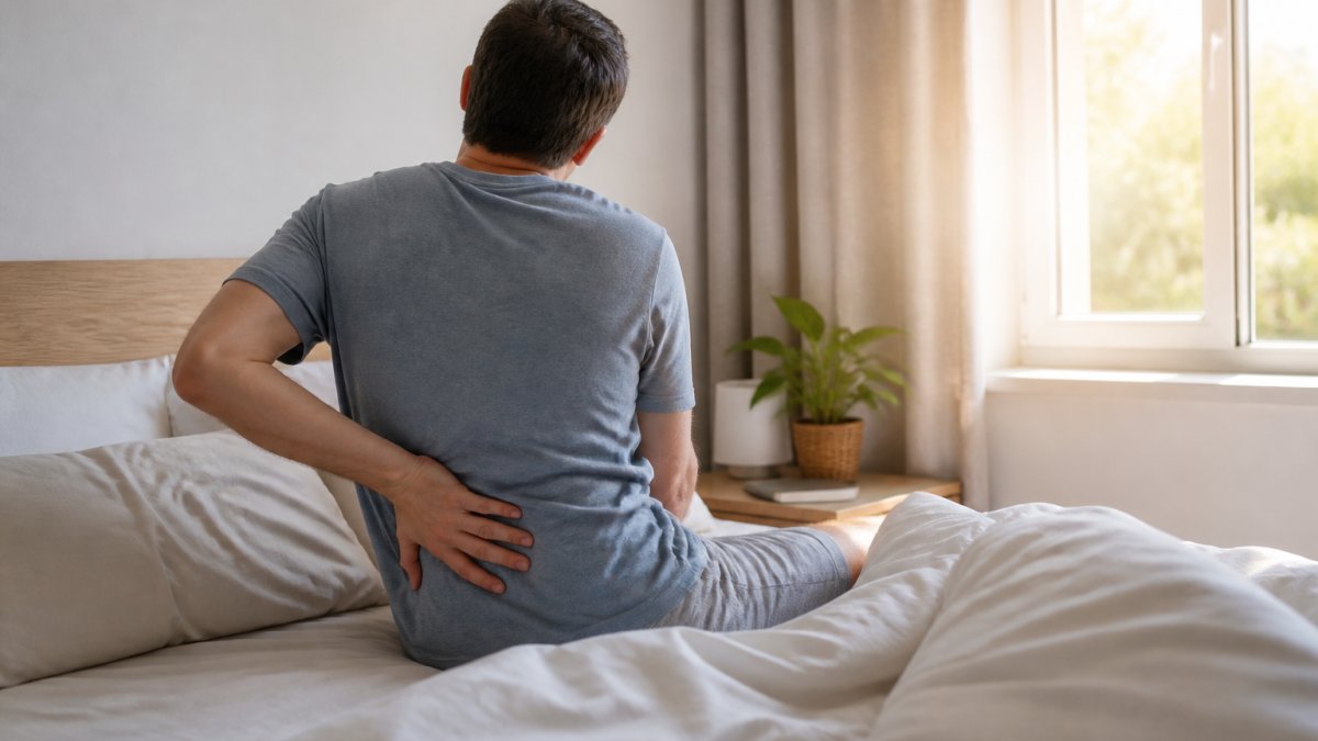 Person waking up in bed with hand on lower back, morning light through window, showing stiffness and discomfort