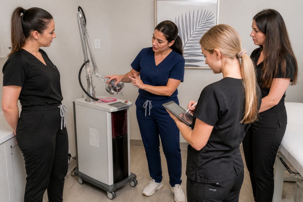 Clinical trainer demonstrating a laser platform to practitioners for a medical technology partner evaluation.