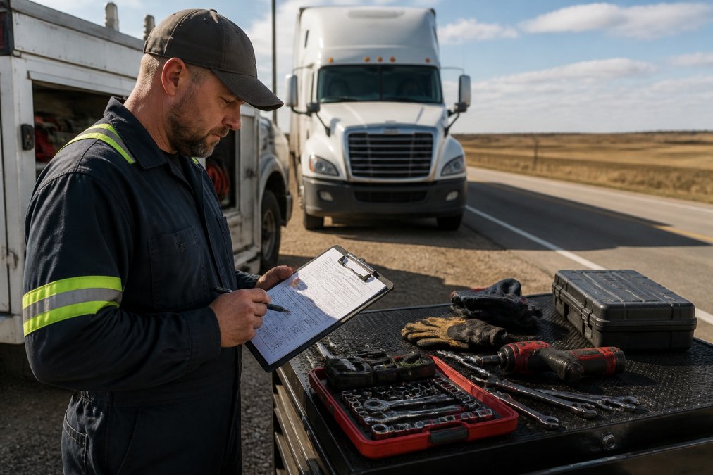 A mobile diesel mechanic in work clothes reviewing a clipboard with ASE certification documents next to a service truck parked near a semi-truck on a rural highway shoulder