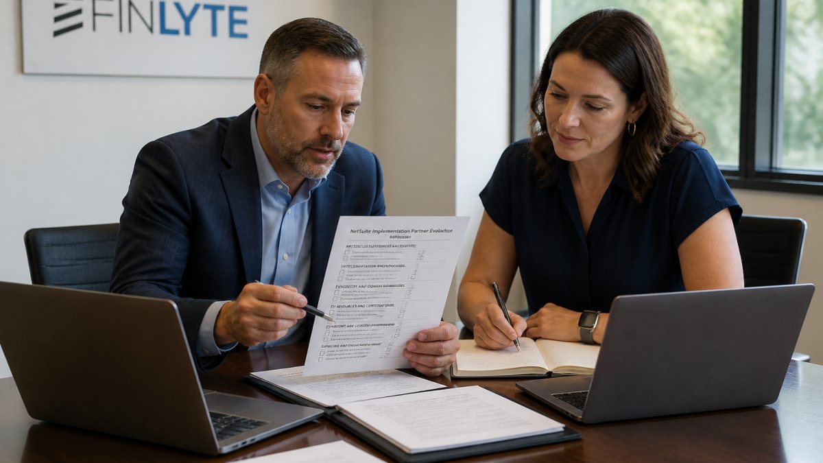A finance director and IT manager reviewing a printed evaluation checklist at a conference table with laptops open, taking notes during a partner selection meeting in a modern office