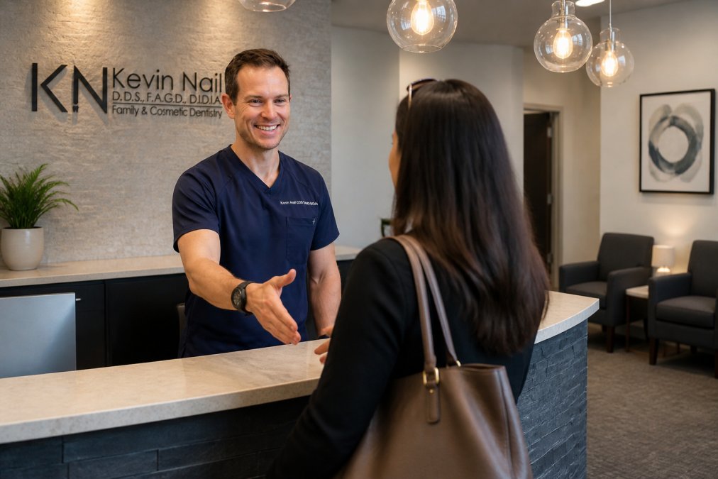Professional dental team member greeting a patient in a bright, modern reception area with contemporary furnishings and welcoming décor