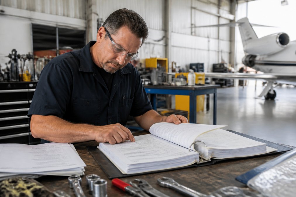 Professional aircraft maintenance technician carefully reviewing detailed maintenance logbooks and technical documentation at a workbench in a bright, organized hangar facility with specialized tools visible in the background