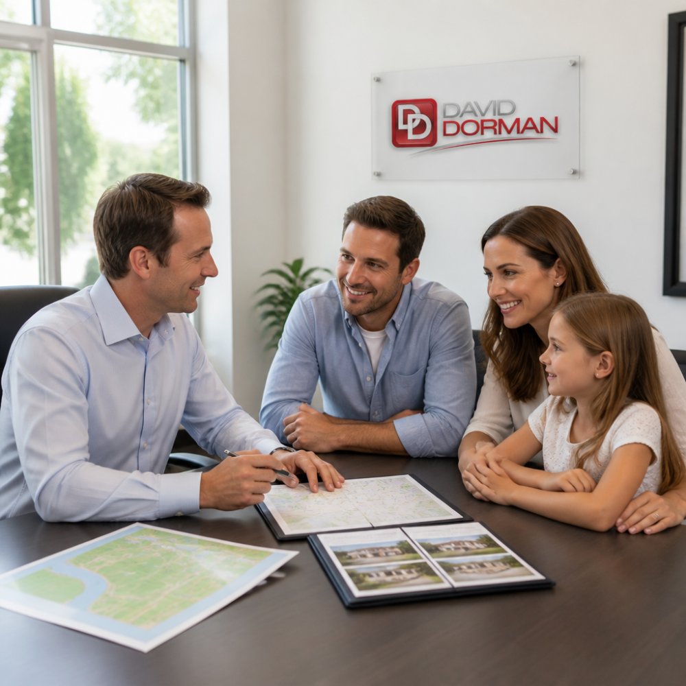Professional real estate agent meeting with a relocating family in a bright, modern office setting, reviewing documents and discussing neighborhood options together