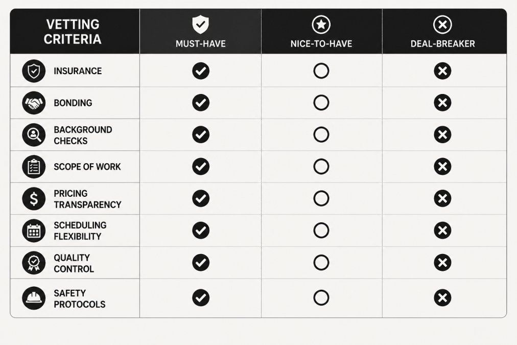 Vetting checklist matrix for selecting a commercial cleaning partner based on eight essential criteria.