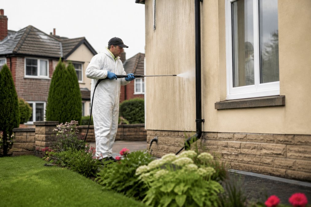 An exterior cleaning technician in protective clothing using a low-pressure lance on a house wall, with garden plants and lawn visible in the foreground, on a typical British residential street