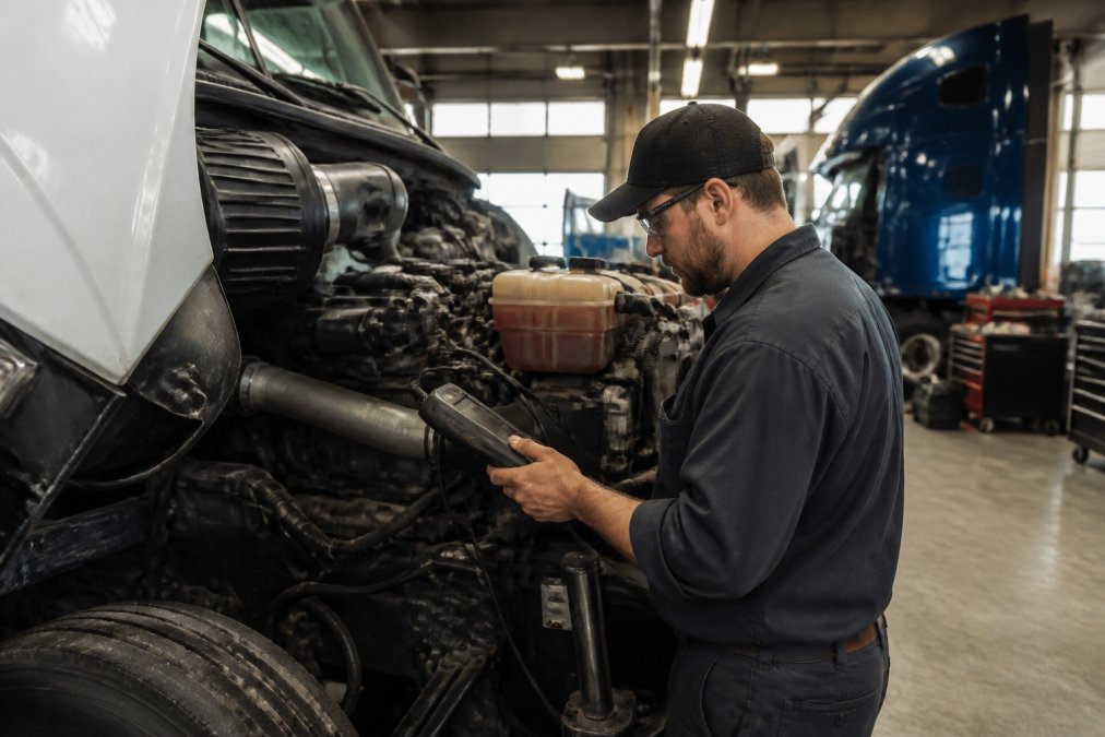 Professional diesel technician with diagnostic scanner performing detailed engine diagnostics on a heavy-duty truck in a modern repair shop bay with bright overhead lighting