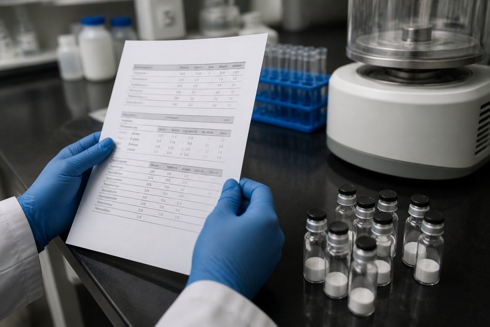 Researcher verifying a certificate of analysis from a reliable peptide vendor near laboratory vials
