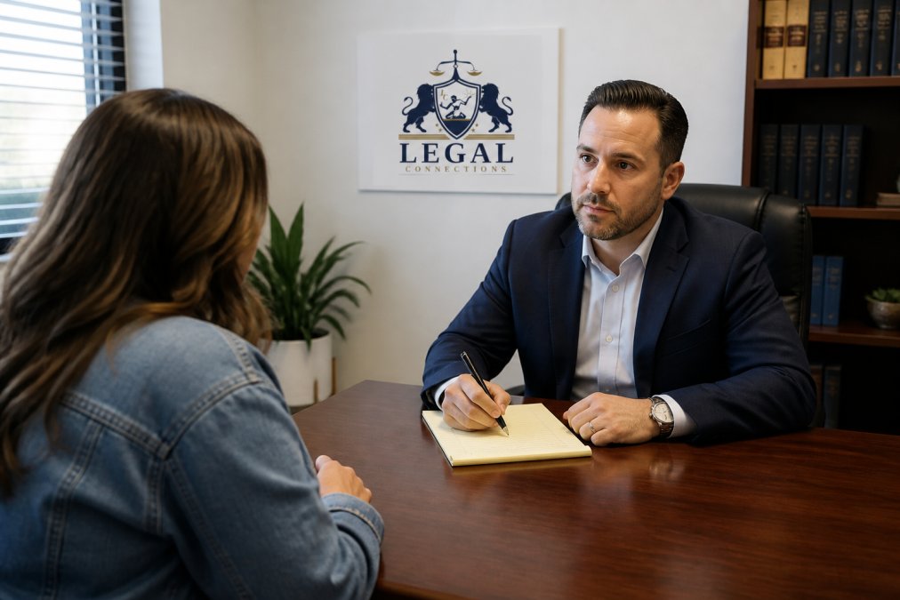 A person sitting across from an attorney at a wooden desk in a bright office, with a notepad and pen in hand, asking questions during a consultation