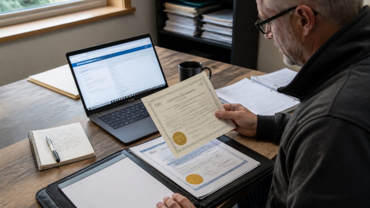 Professional reviewing official documents and certificates on a desk with laptop showing professional registry and license verification page