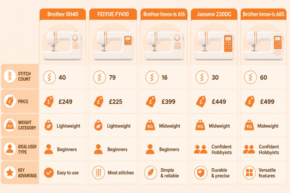 Feature comparison matrix showing stitch count, price, weight category, ideal user type and key advantage for Brother SH40 (£249, 40 stitches), FEIYUE FY410 (£225, 79 stitches), Brother Innov-is A16 (£399, 16 stitches), Janome 230DC (£449, 30 stitches), and Brother Innov-is A65 (£499, 60 stitches)