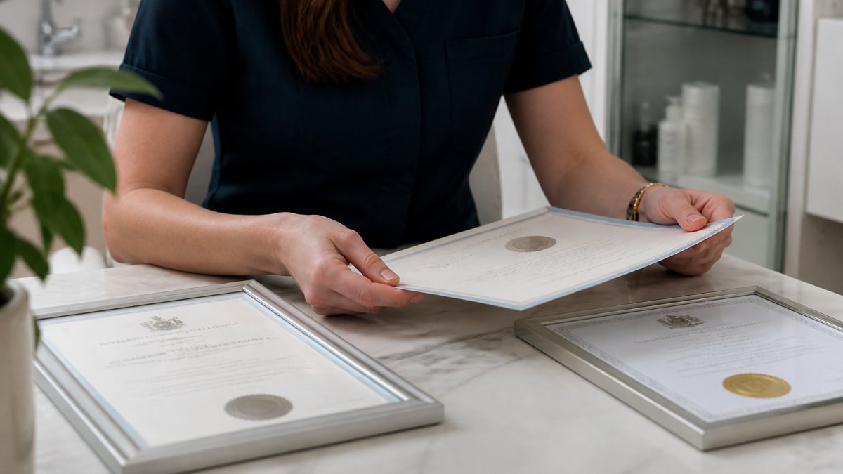 A close-up of a practitioner's hands reviewing professional registration documents and certificates on a clean desk in a modern clinic
