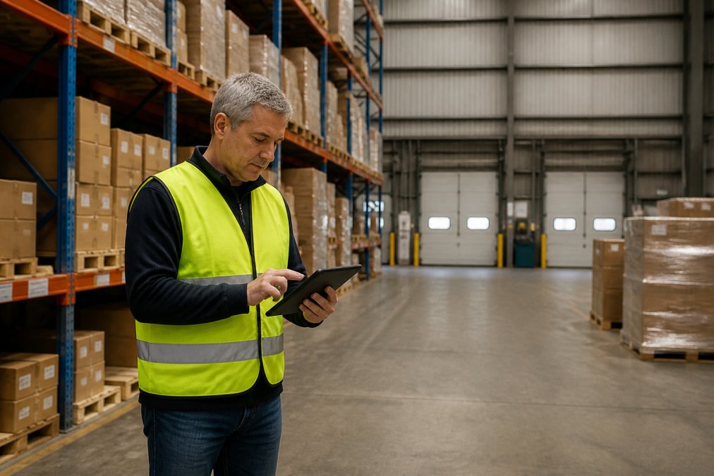 Warehouse manager reviewing inventory on a tablet while standing in a well-organized fulfillment center with shelving, boxes, and dock doors visible in the background