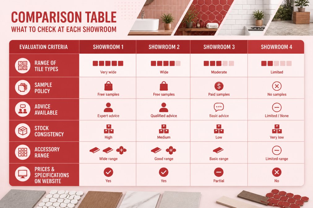 Comparison matrix of showroom evaluation criteria: range of tile types, sample policy, advice available, stock consistency, accessory range, and whether prices and specifications are listed on the current website