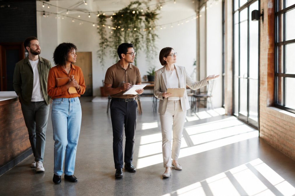 A group of event organizers walking through a bright, open community space, discussing layout and taking notes with venue manager, natural daylight streaming through large windows