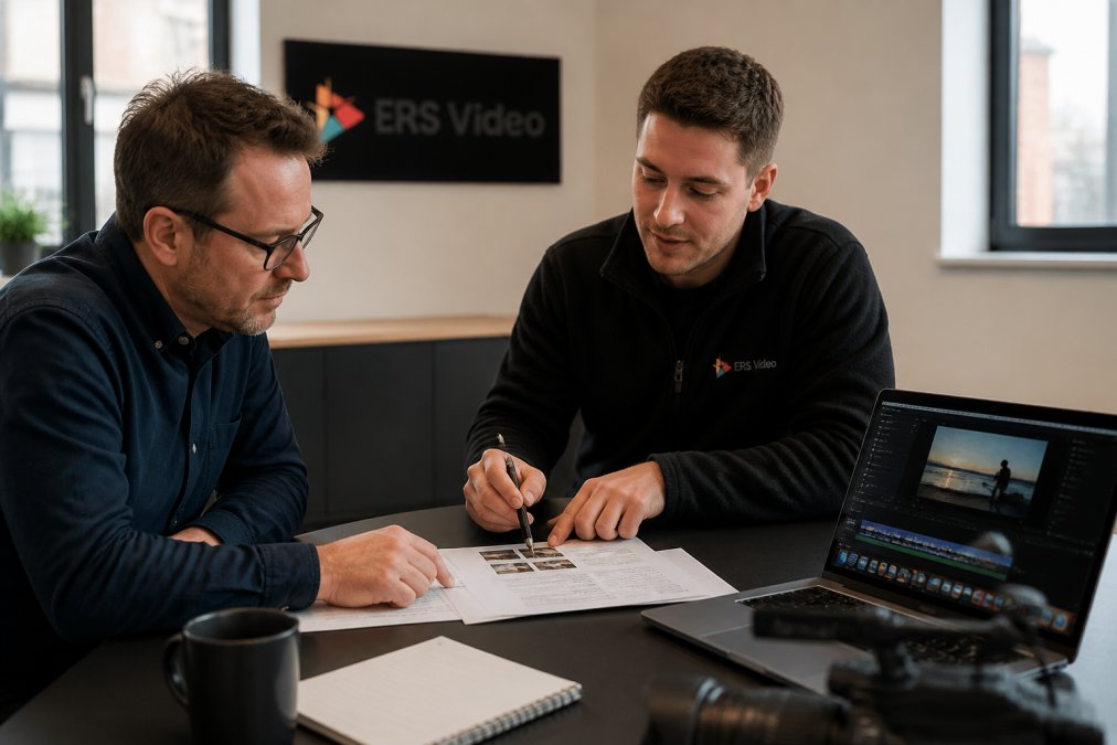 A business owner and a video producer sitting across a table in a bright meeting room, reviewing a printed brief and discussing project details, with a laptop showing video footage open nearby