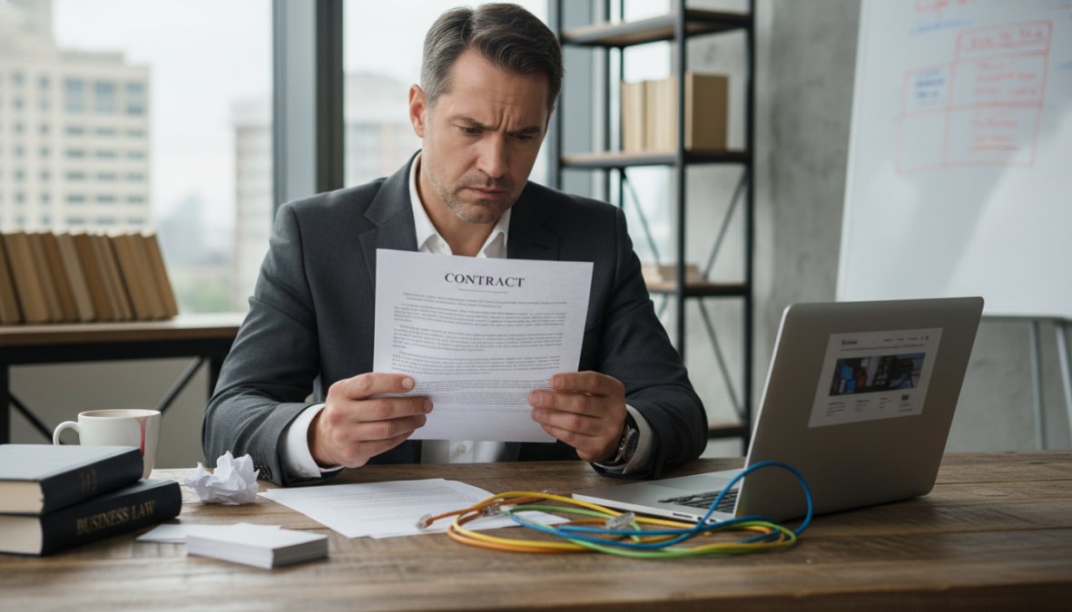 A business professional looking concerned while reviewing a contract document at a desk, with a laptop open showing a website in the background, in a professional office with natural light