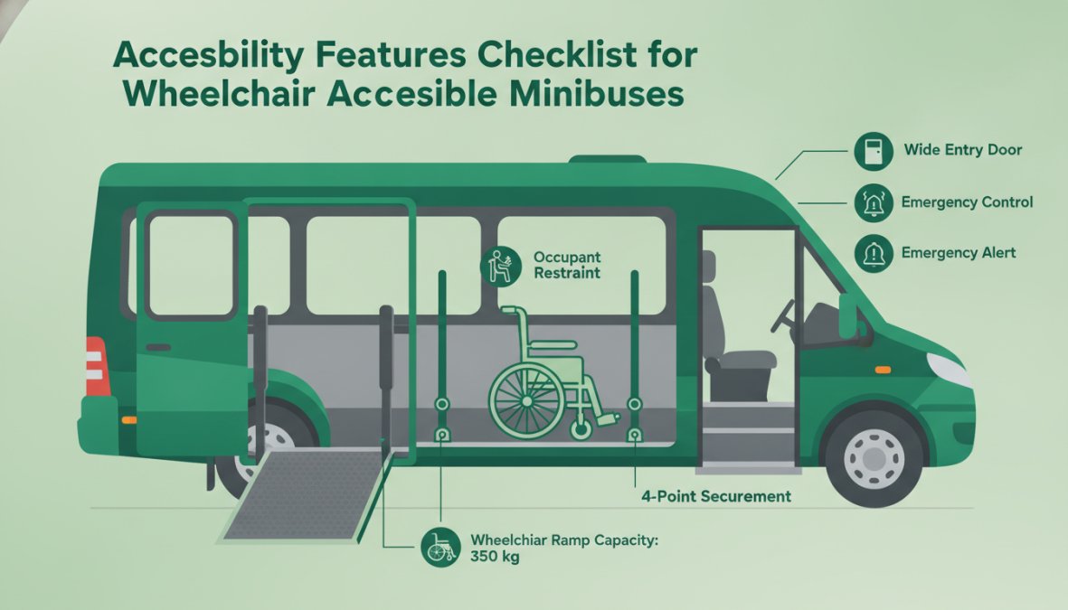 Close-up of a modern wheelchair accessible minibus with deployed tail-lift and open doors, showing interior ramp and secure wheelchair positioning