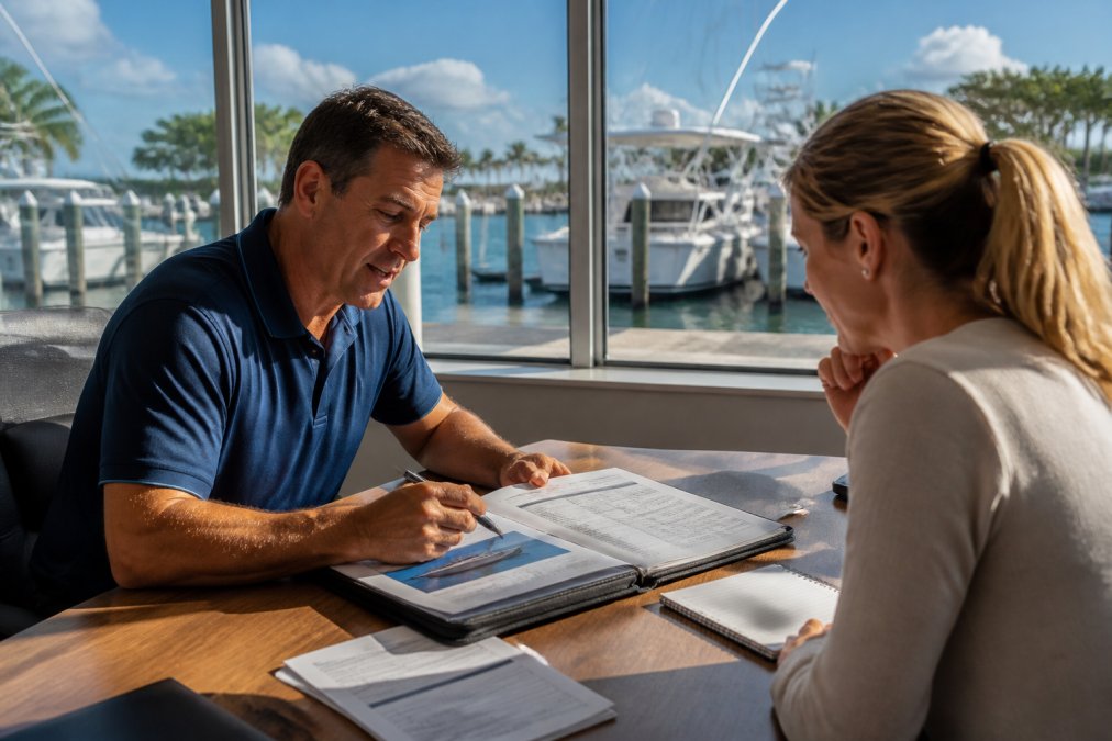 Yacht broker and client meeting in a waterfront office, reviewing vessel specifications and documentation on a desk with a laptop displaying boat listings and maritime charts, natural light streaming through large windows overlooking the marina