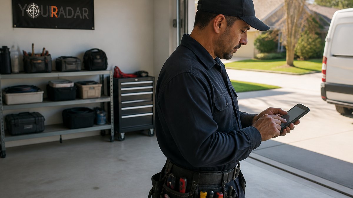 Field technician using mobile device to check job details and update work order status while standing in a residential garage, natural daylight from open garage door illuminating the scene