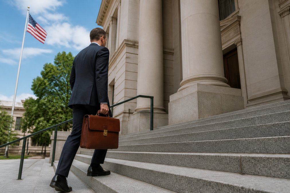 A confident attorney in a dark suit walking up the stone steps of the Weld County courthouse in Greeley, briefcase in hand, with the American flag visible against a clear Colorado sky