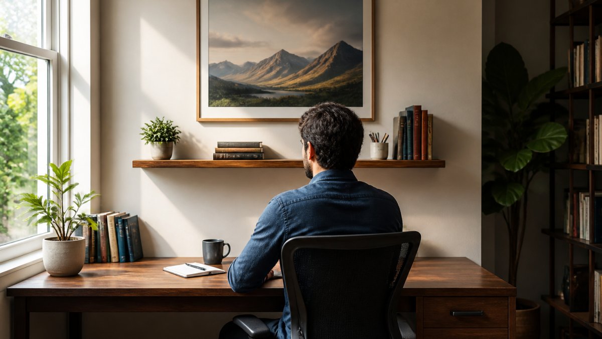 Person seated at wooden desk in home office, facing a wall where a landscape poster hangs at eye level above a floating shelf, with natural window light streaming across the workspace