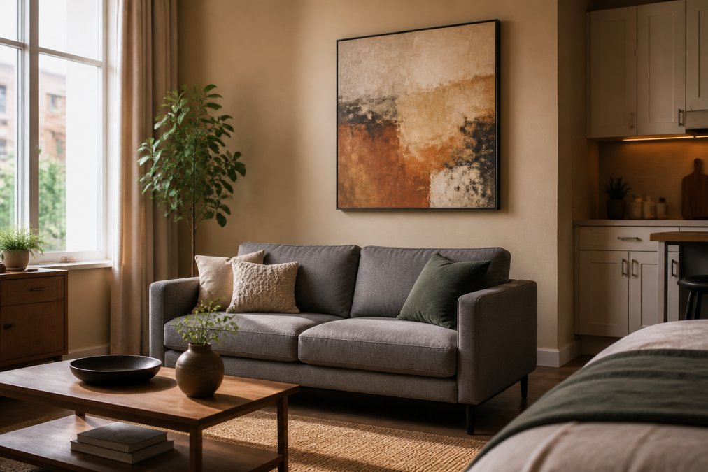 Small studio apartment with warm beige walls, minimalist furniture, and a single large abstract painting in earth tones hung above a gray sofa, natural light streaming through a window