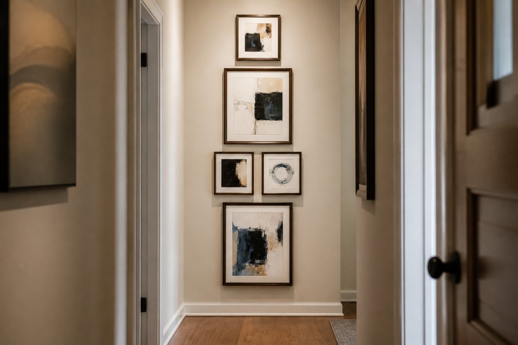 Narrow hallway with cream-colored walls displaying a vertical cluster of five framed abstract artworks in varying sizes, arranged with consistent spacing and creating a focal point without overwhelming the compact space
